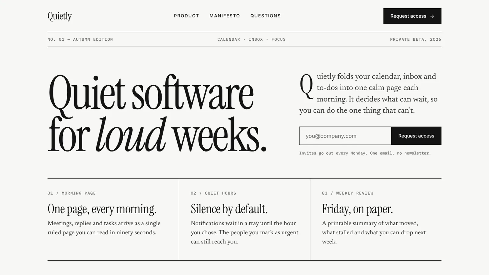 Mono Editorial Landing: first screen of examples/quietly